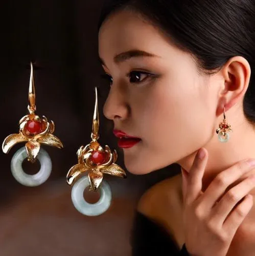 10% OFF- 2 pcs Certified Natural Jadeite Emerald A*Jade HandCarved A Pair of Beautiful Elegant Ethnic Yellow Gold Tone Red Jade Earrings