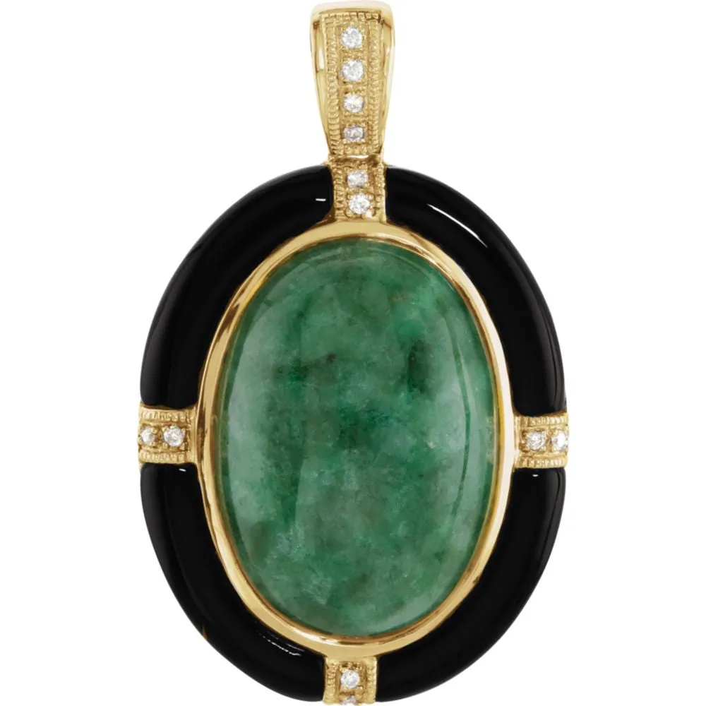 14k Yellow Gold Russian Jadeite, Onyx & Diamond Pendant