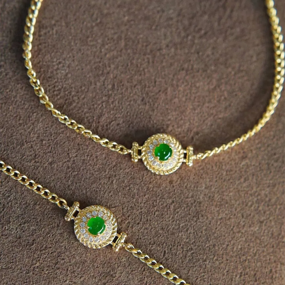 18K Solid Gold Miami Cuban Chain Natural Jade Jadeite Diamond Bracelet Elegant Jewelry