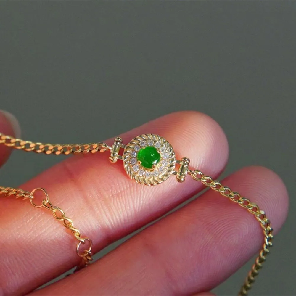 18K Solid Gold Miami Cuban Chain Natural Jade Jadeite Diamond Bracelet Elegant Jewelry