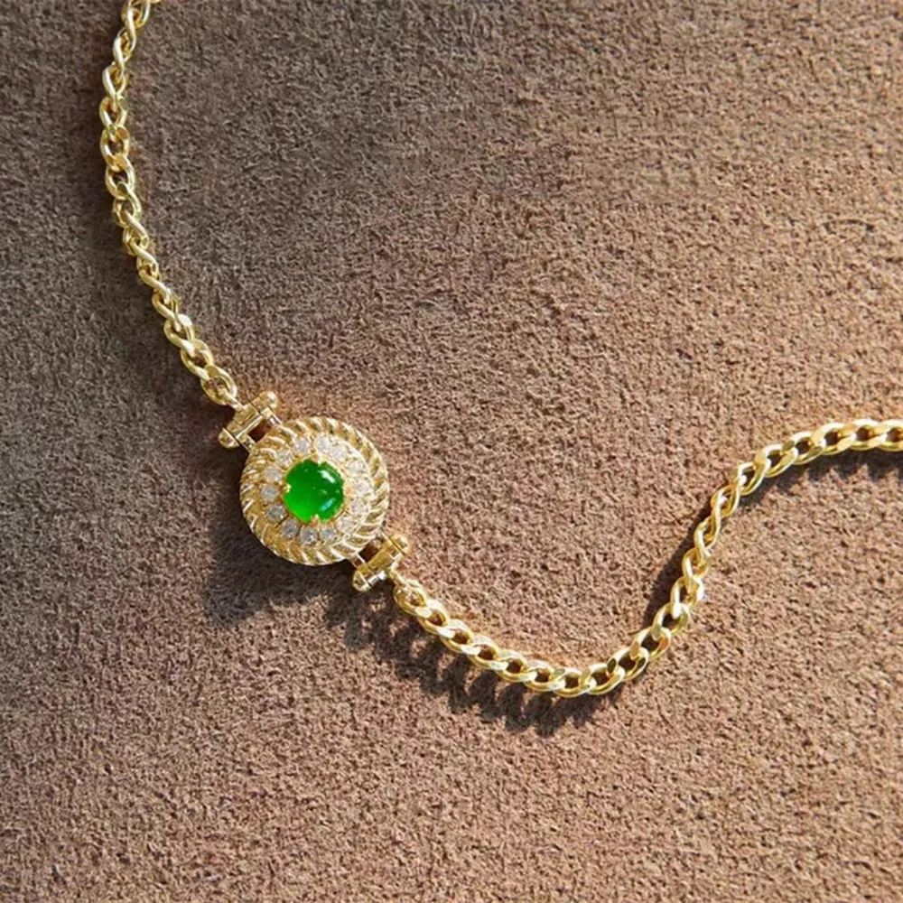 18K Solid Gold Miami Cuban Chain Natural Jade Jadeite Diamond Bracelet Elegant Jewelry