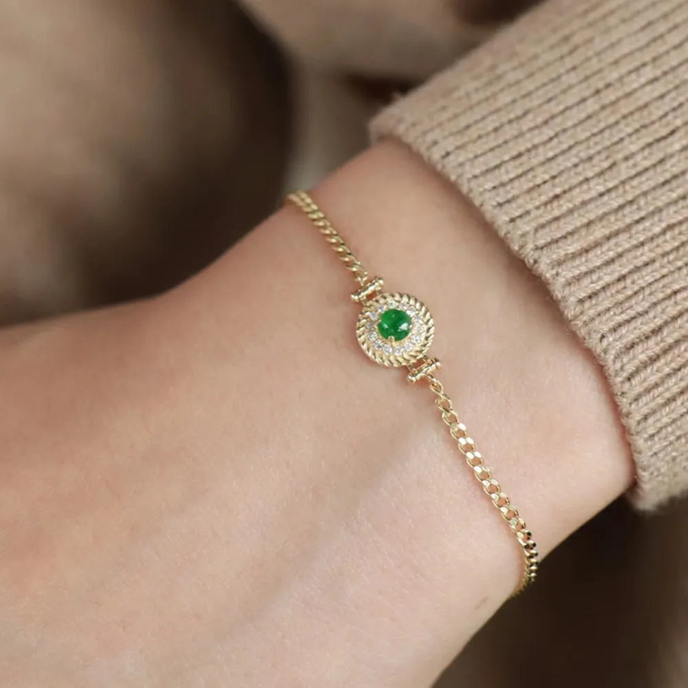 18K Solid Gold Miami Cuban Chain Natural Jade Jadeite Diamond Bracelet Elegant Jewelry