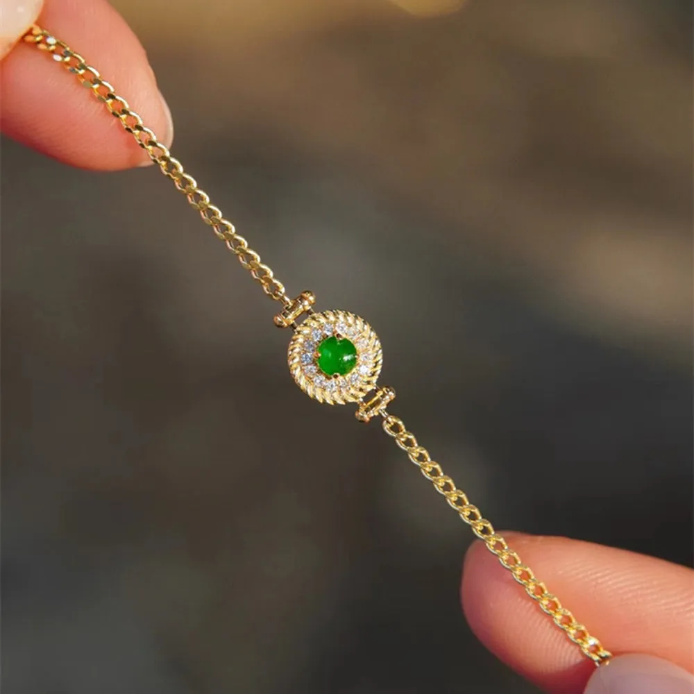 18K Solid Gold Miami Cuban Chain Natural Jade Jadeite Diamond Bracelet Elegant Jewelry