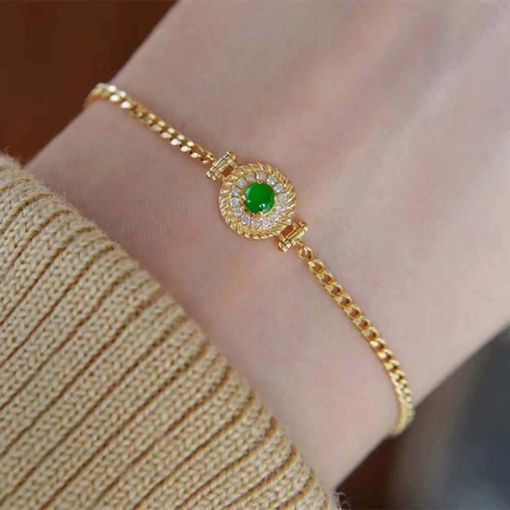 18K Solid Gold Miami Cuban Chain Natural Jade Jadeite Diamond Bracelet Elegant Jewelry
