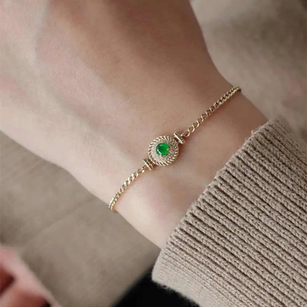 18K Solid Gold Miami Cuban Chain Natural Jade Jadeite Diamond Bracelet Elegant Jewelry