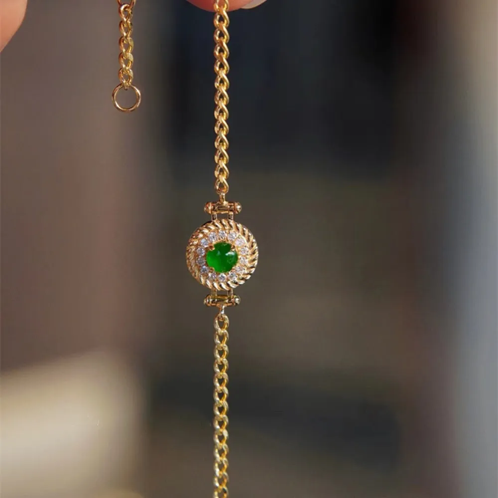 18K Solid Gold Miami Cuban Chain Natural Jade Jadeite Diamond Bracelet Elegant Jewelry