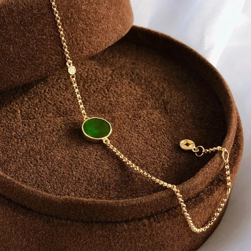 18K Solid Gold Rolo Chain Natural Jade Jadeite Diamond Bracelet Coins Elegant Jewelry