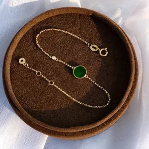 18K Solid Gold Rolo Chain Natural Jade Jadeite Diamond Bracelet Coins Elegant Jewelry