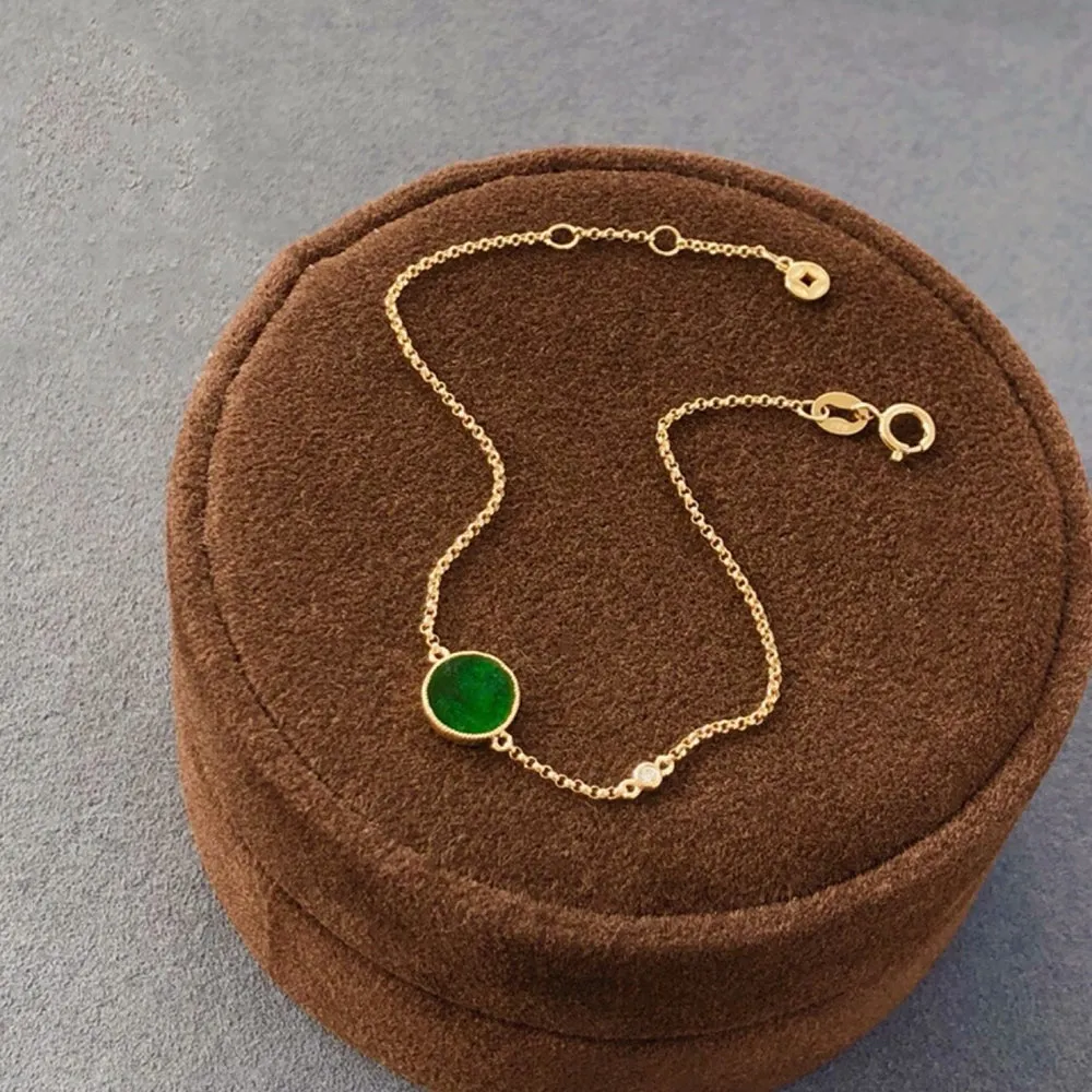 18K Solid Gold Rolo Chain Natural Jade Jadeite Diamond Bracelet Coins Elegant Jewelry
