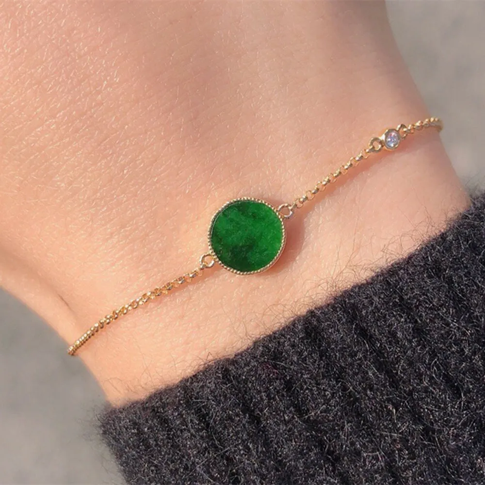 18K Solid Gold Rolo Chain Natural Jade Jadeite Diamond Bracelet Coins Elegant Jewelry