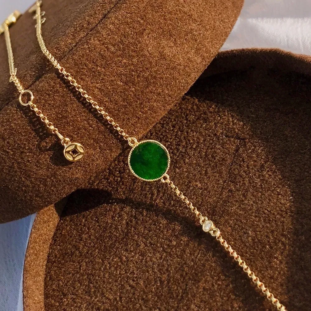 18K Solid Gold Rolo Chain Natural Jade Jadeite Diamond Bracelet Coins Elegant Jewelry