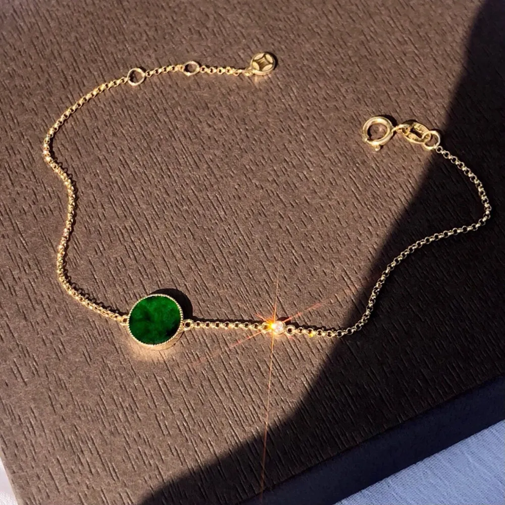 18K Solid Gold Rolo Chain Natural Jade Jadeite Diamond Bracelet Coins Elegant Jewelry