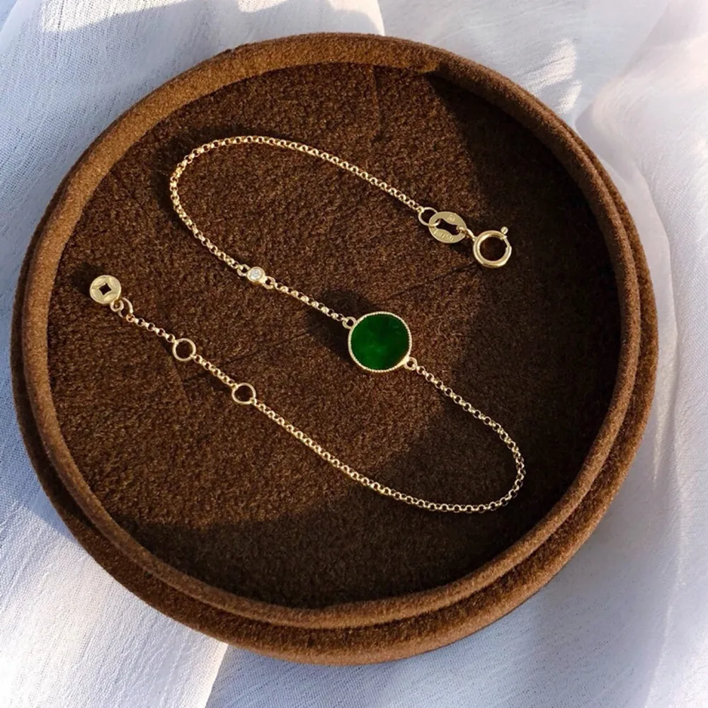 18K Solid Gold Rolo Chain Natural Jade Jadeite Diamond Bracelet Coins Elegant Jewelry