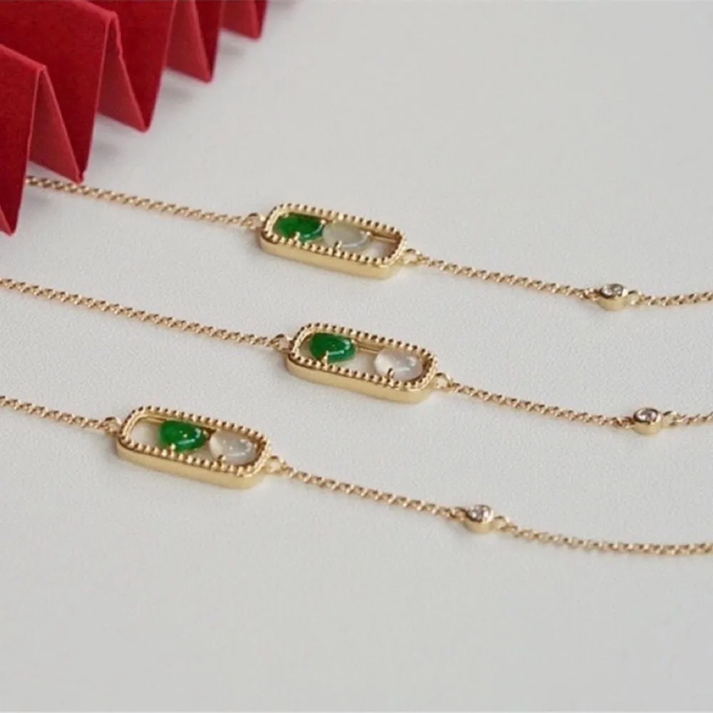 18K Solid Gold Rolo Chain Natural Jade Jadeite Diamond Bracelet Heart Elegant Jewelry