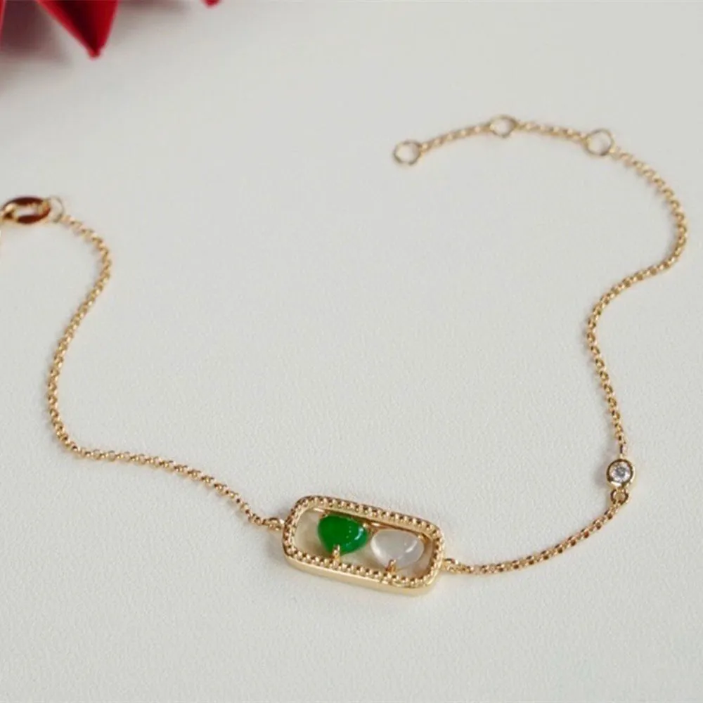 18K Solid Gold Rolo Chain Natural Jade Jadeite Diamond Bracelet Heart Elegant Jewelry