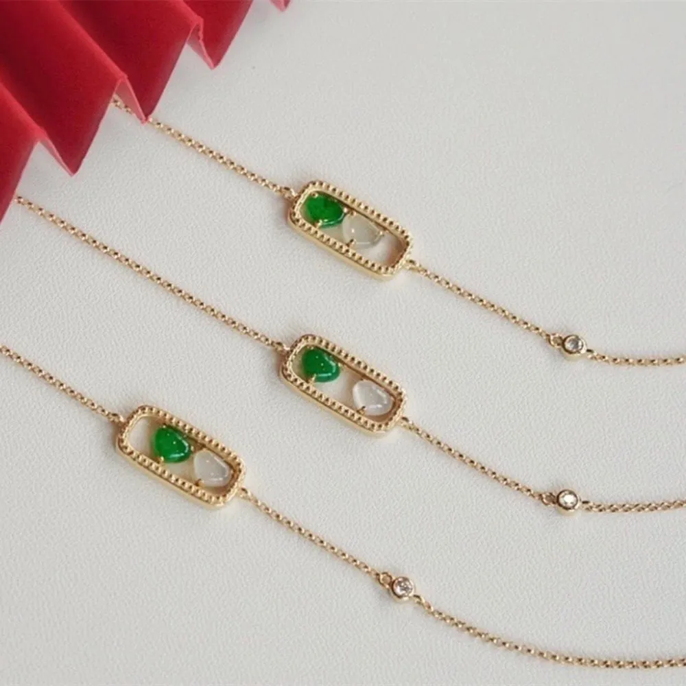 18K Solid Gold Rolo Chain Natural Jade Jadeite Diamond Bracelet Heart Elegant Jewelry