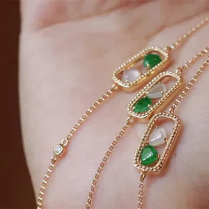 18K Solid Gold Rolo Chain Natural Jade Jadeite Diamond Bracelet Heart Elegant Jewelry