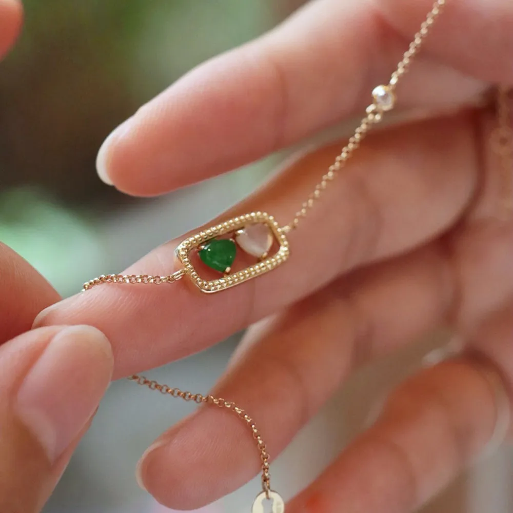 18K Solid Gold Rolo Chain Natural Jade Jadeite Diamond Bracelet Heart Elegant Jewelry