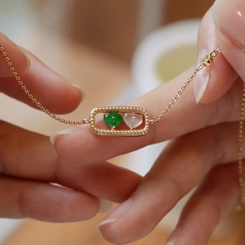 18K Solid Gold Rolo Chain Natural Jade Jadeite Diamond Bracelet Heart Elegant Jewelry