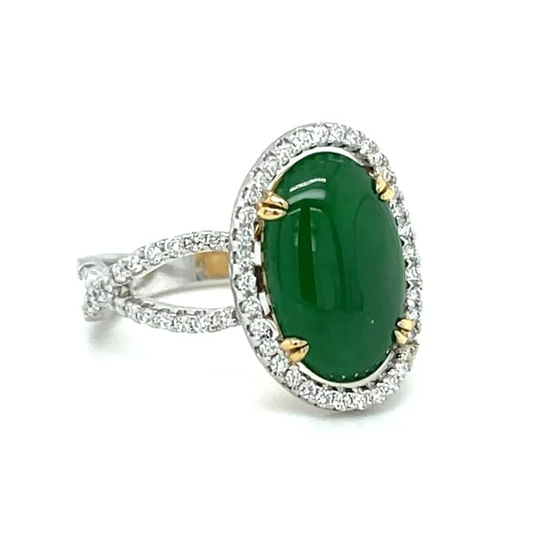 3.32 Carat Imperial Jadeite and Diamond Halo Engagement Ring in 18k White Gold