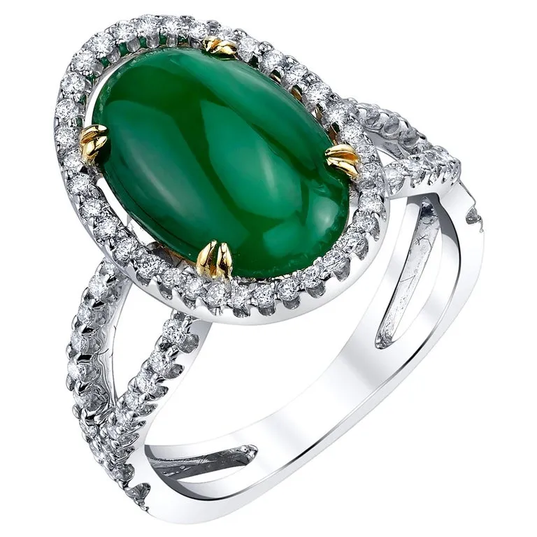 3.32 Carat Imperial Jadeite and Diamond Halo Engagement Ring in 18k White Gold
