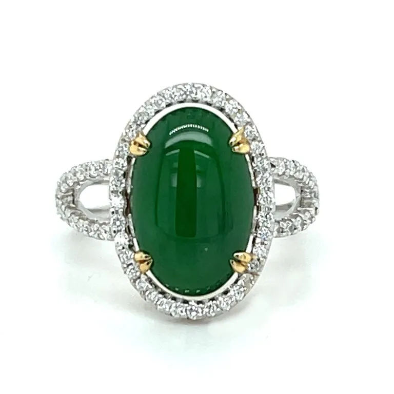 3.32 Carat Imperial Jadeite and Diamond Halo Engagement Ring in 18k White Gold