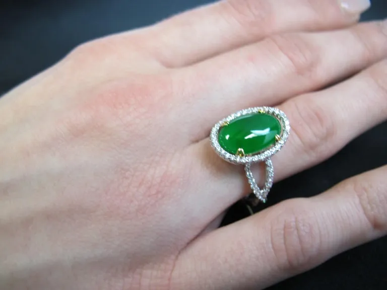 3.32 Carat Imperial Jadeite and Diamond Halo Engagement Ring in 18k White Gold