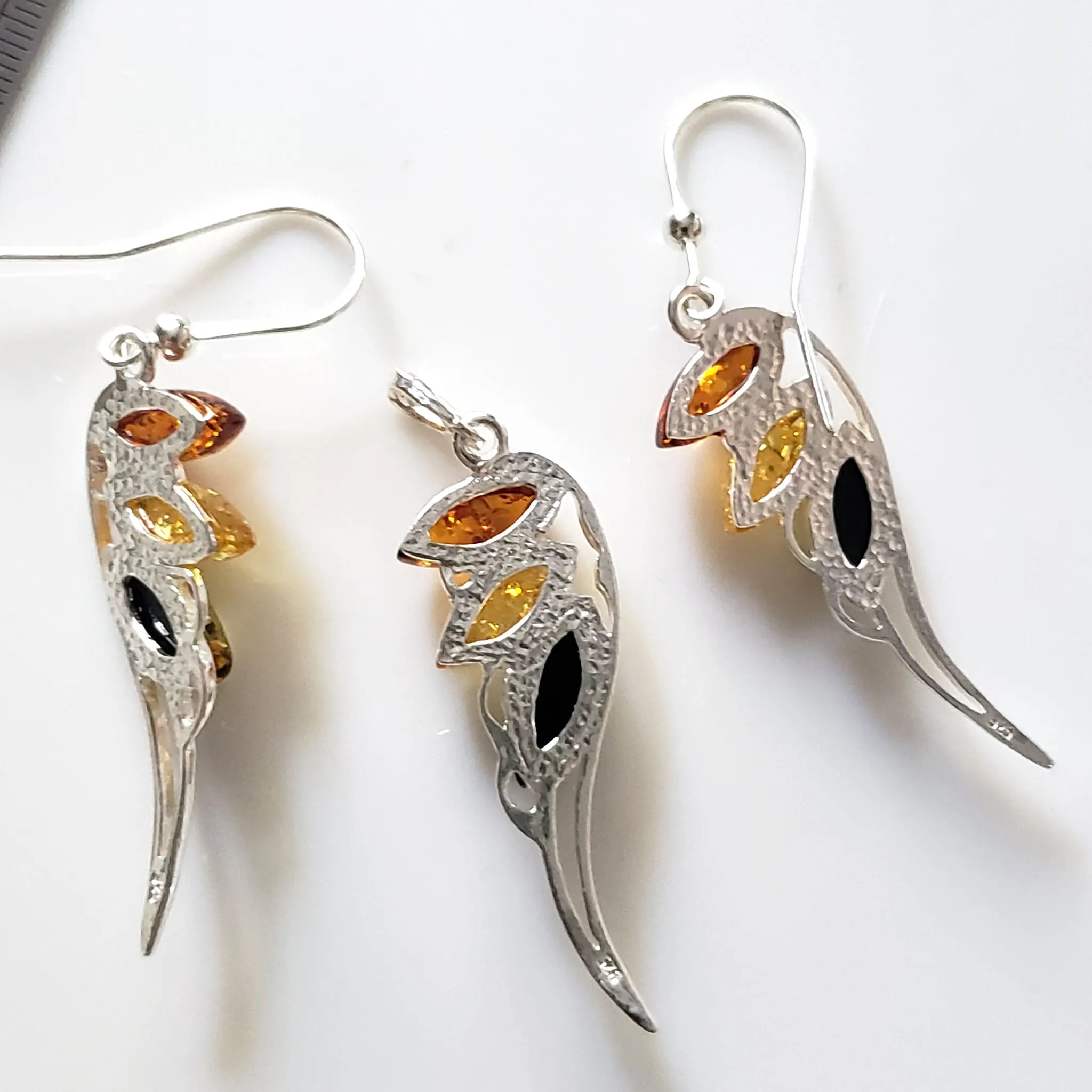 Angel Wings Earrings Pendant Set / Sterling Silver with Amber