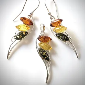 Angel Wings Earrings Pendant Set / Sterling Silver with Amber