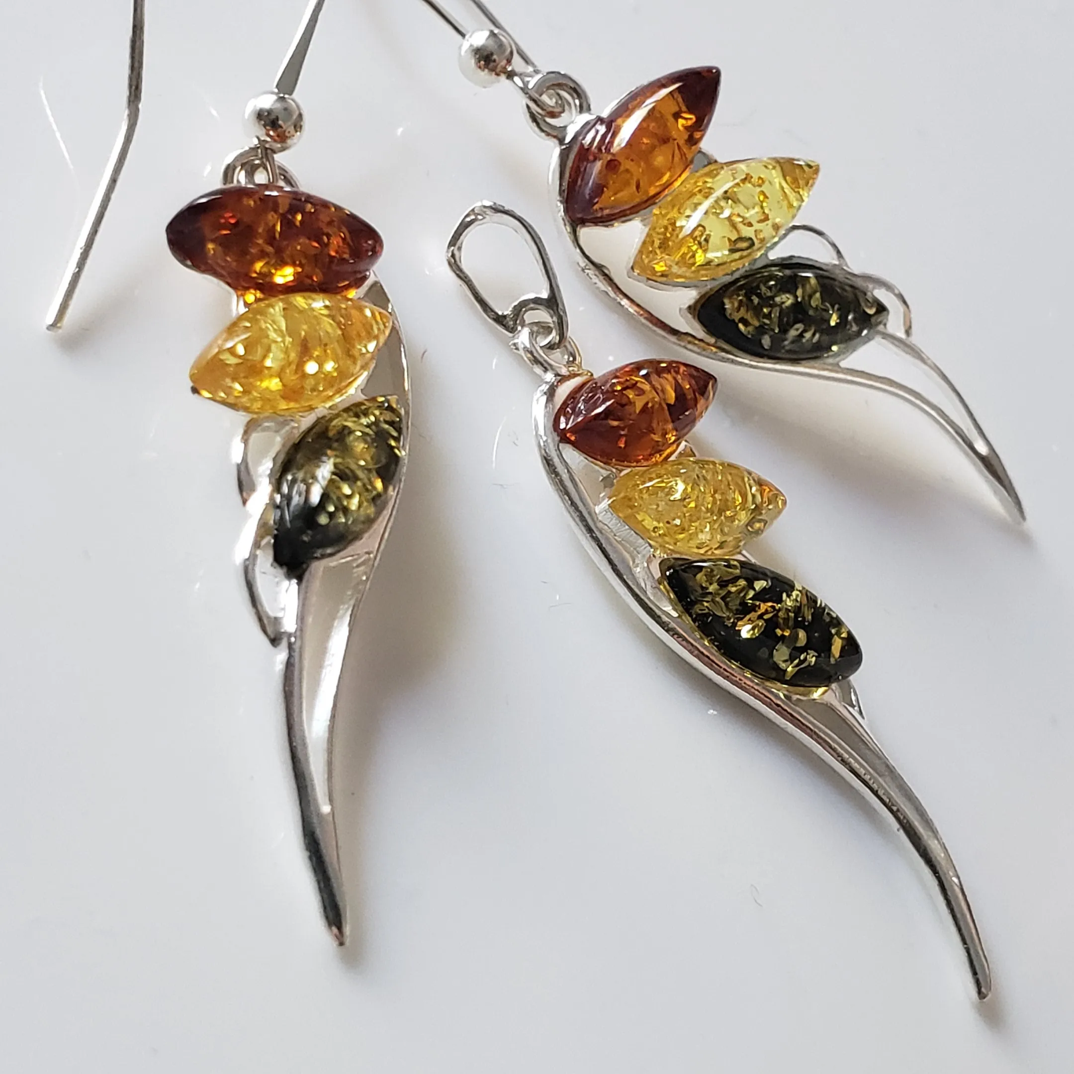Angel Wings Earrings Pendant Set / Sterling Silver with Amber