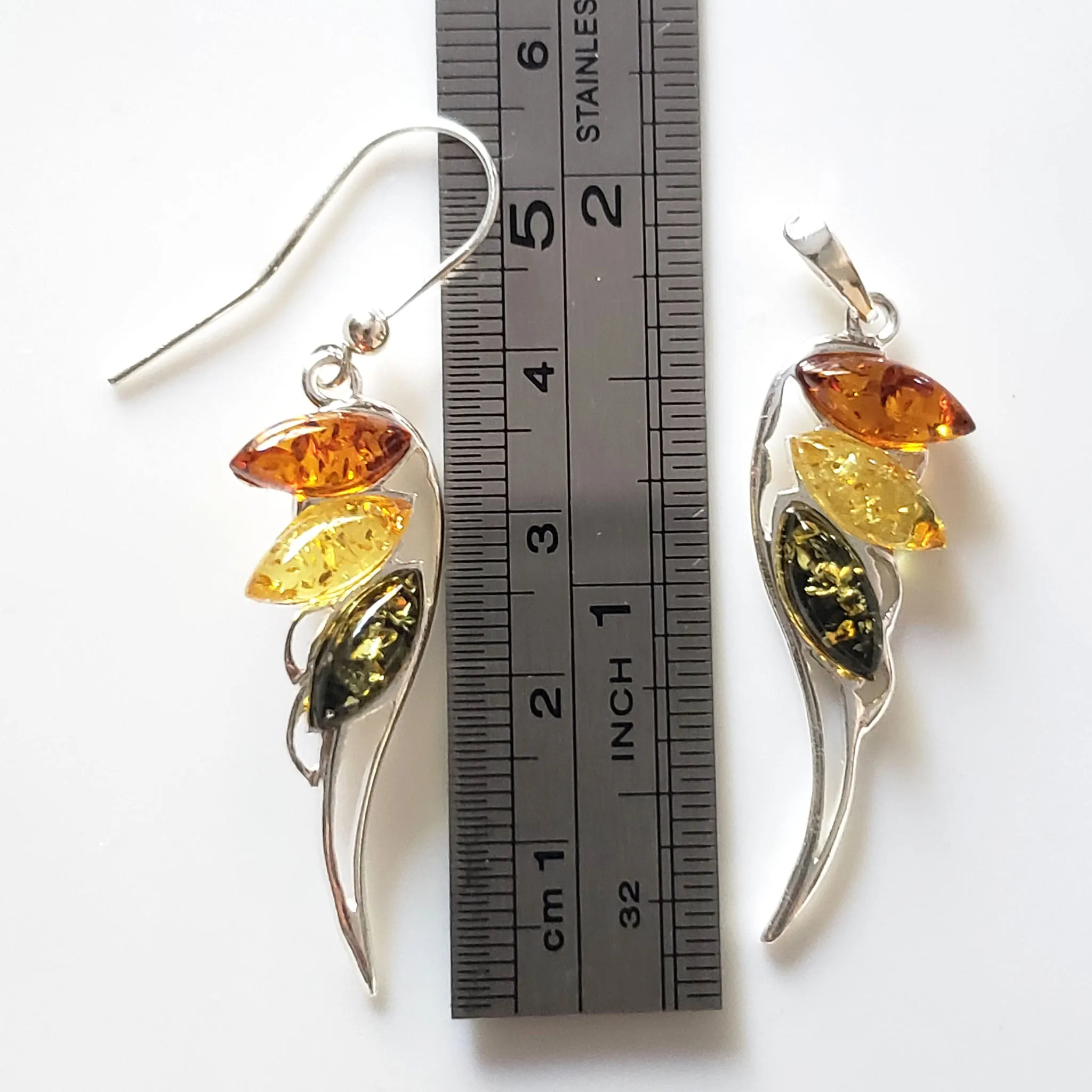 Angel Wings Earrings Pendant Set / Sterling Silver with Amber