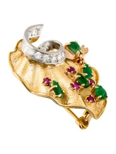 Antique 18K Yellow White Gold Diamond Ruby Green Jadeite Brooch Pin