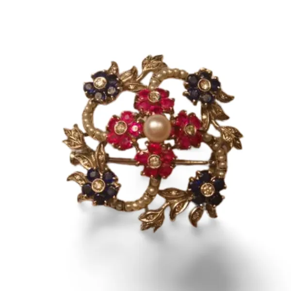 Antique Victorian 18K White Gold Diamond Ruby Sapphire Seed Pearl Brooch Pin
