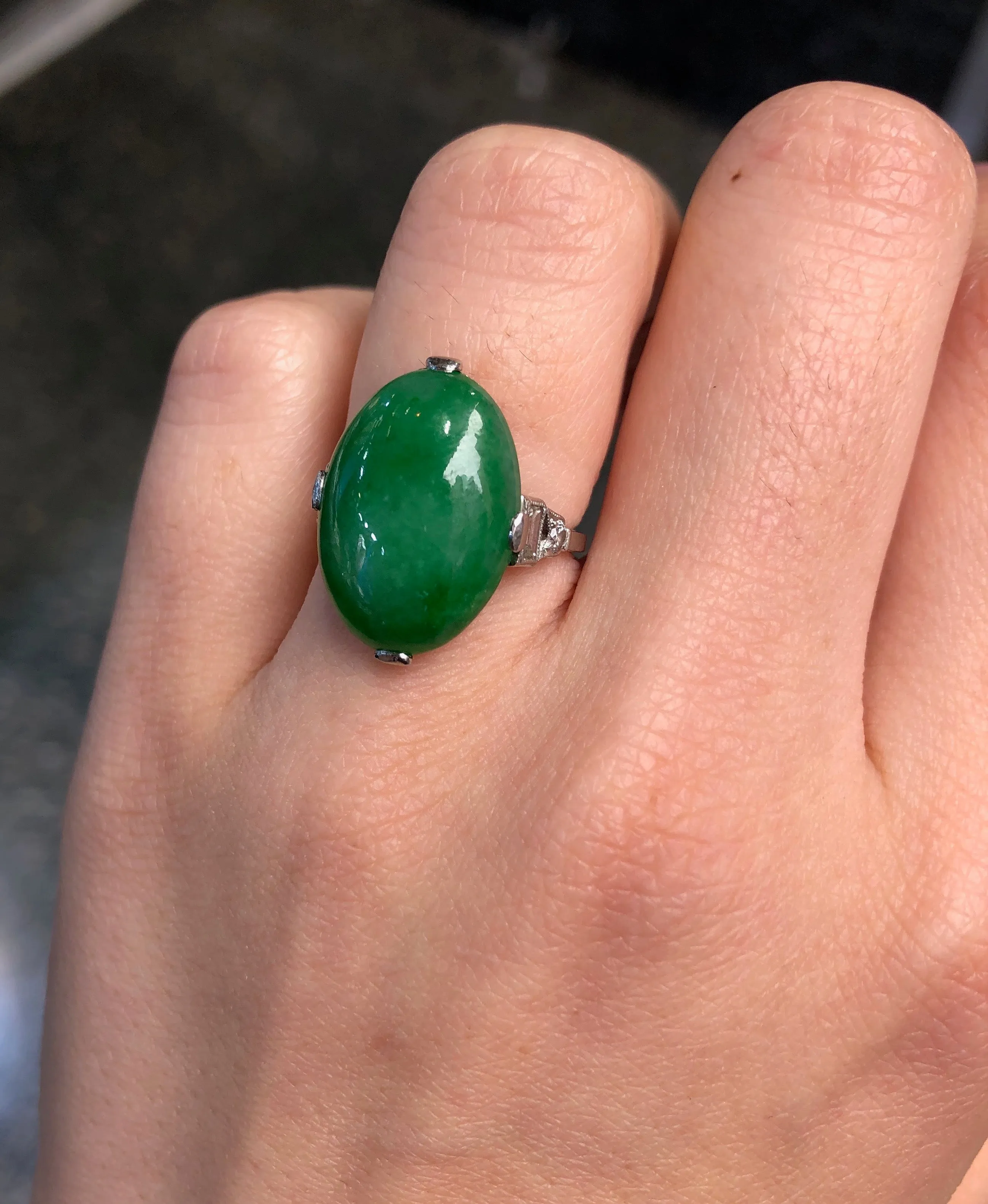 Art Deco GIA Certified “A” Jadeite Jade Platinum and Diamond Ring