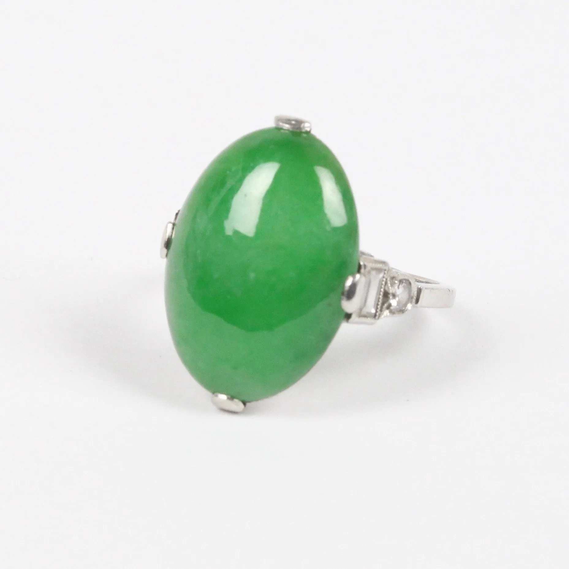 Art Deco GIA Certified “A” Jadeite Jade Platinum and Diamond Ring