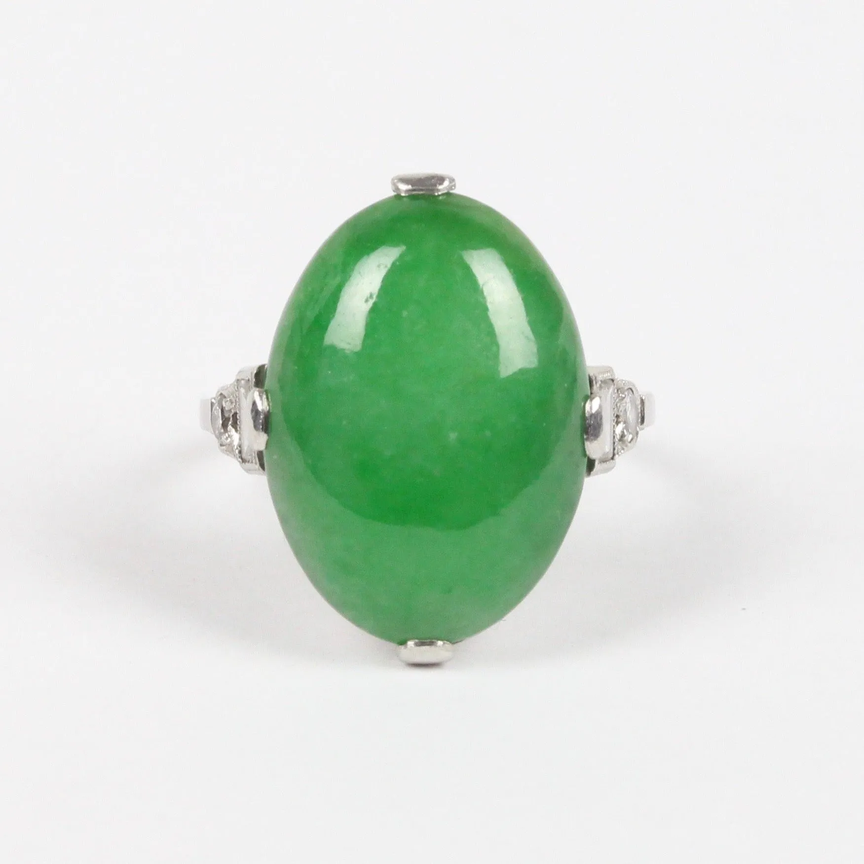Art Deco GIA Certified “A” Jadeite Jade Platinum and Diamond Ring
