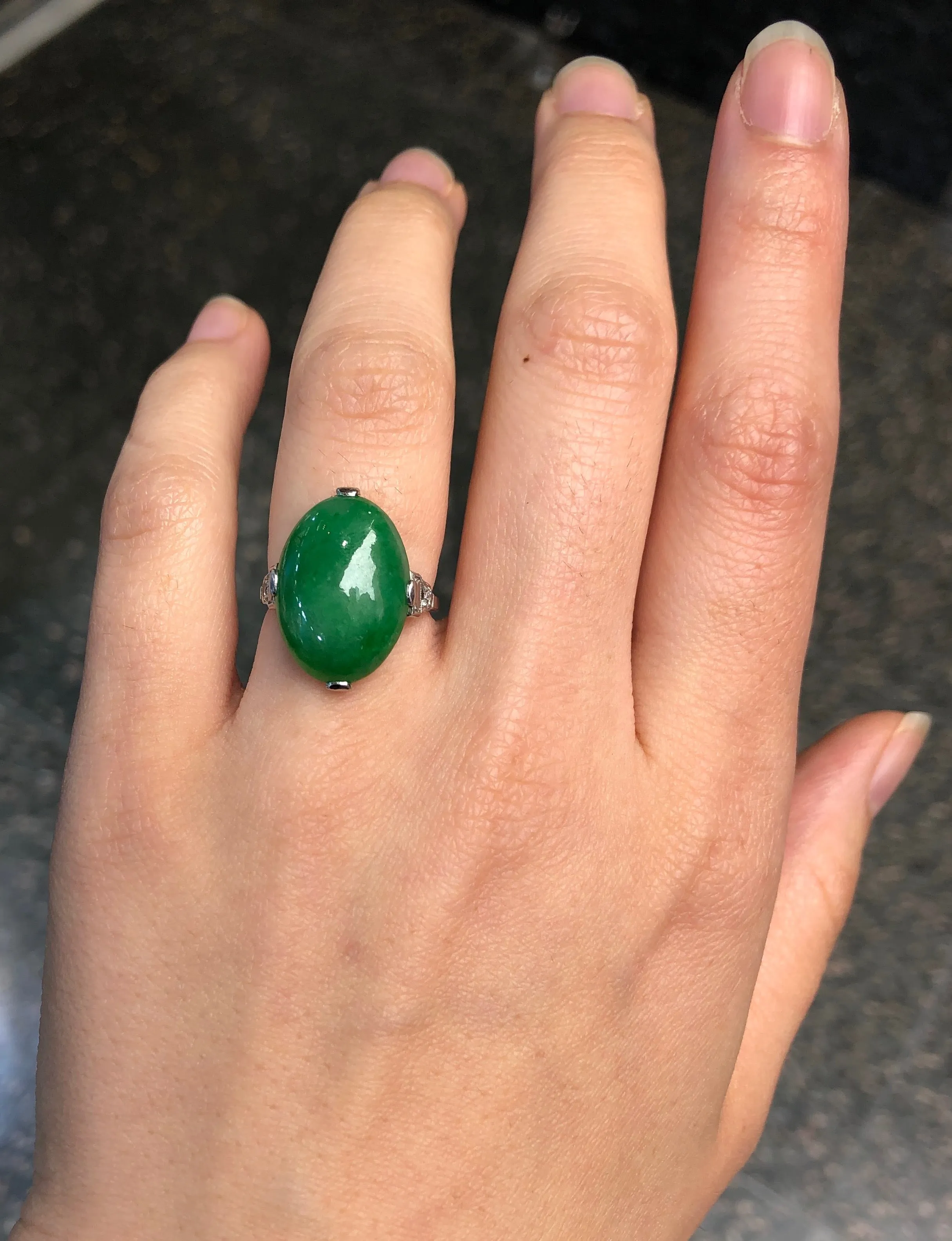 Art Deco GIA Certified “A” Jadeite Jade Platinum and Diamond Ring