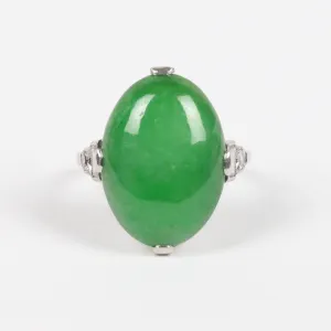 Art Deco GIA Certified “A” Jadeite Jade Platinum and Diamond Ring
