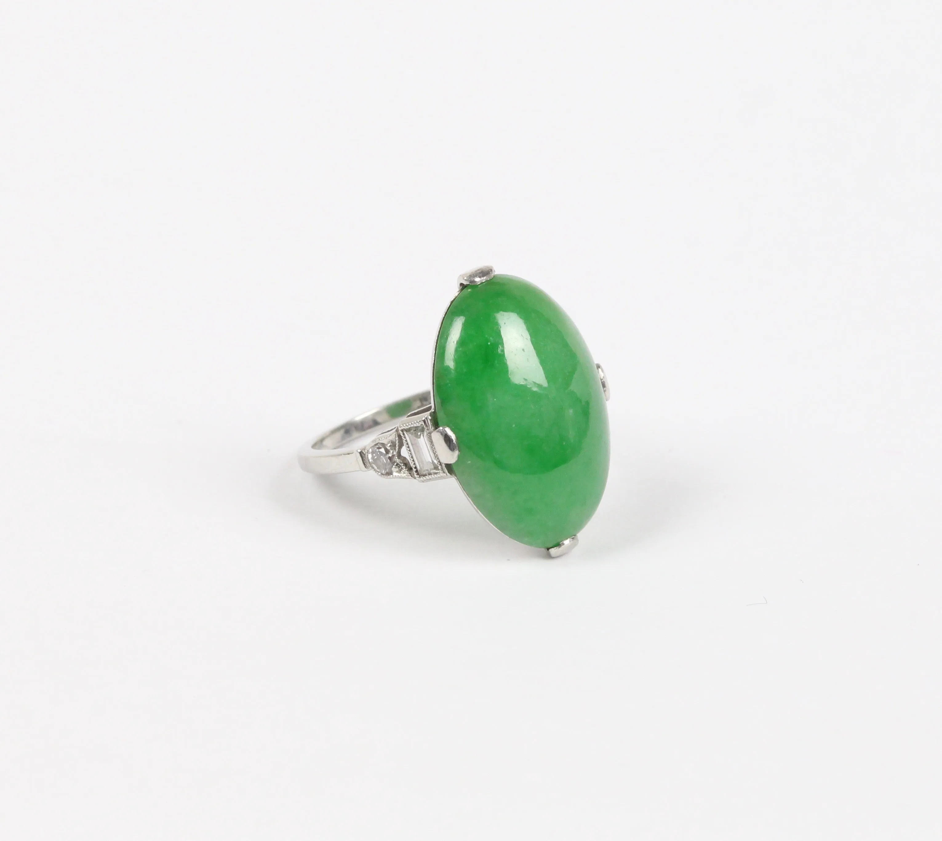 Art Deco GIA Certified “A” Jadeite Jade Platinum and Diamond Ring