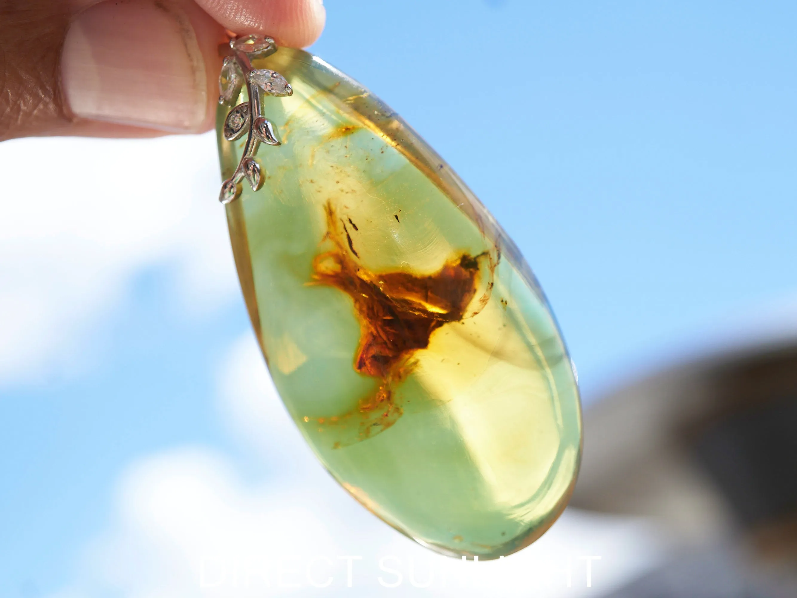 Blue Amber Cabochon Pendant – Genuine Vegetable Fossil in 925 Sterling Silver