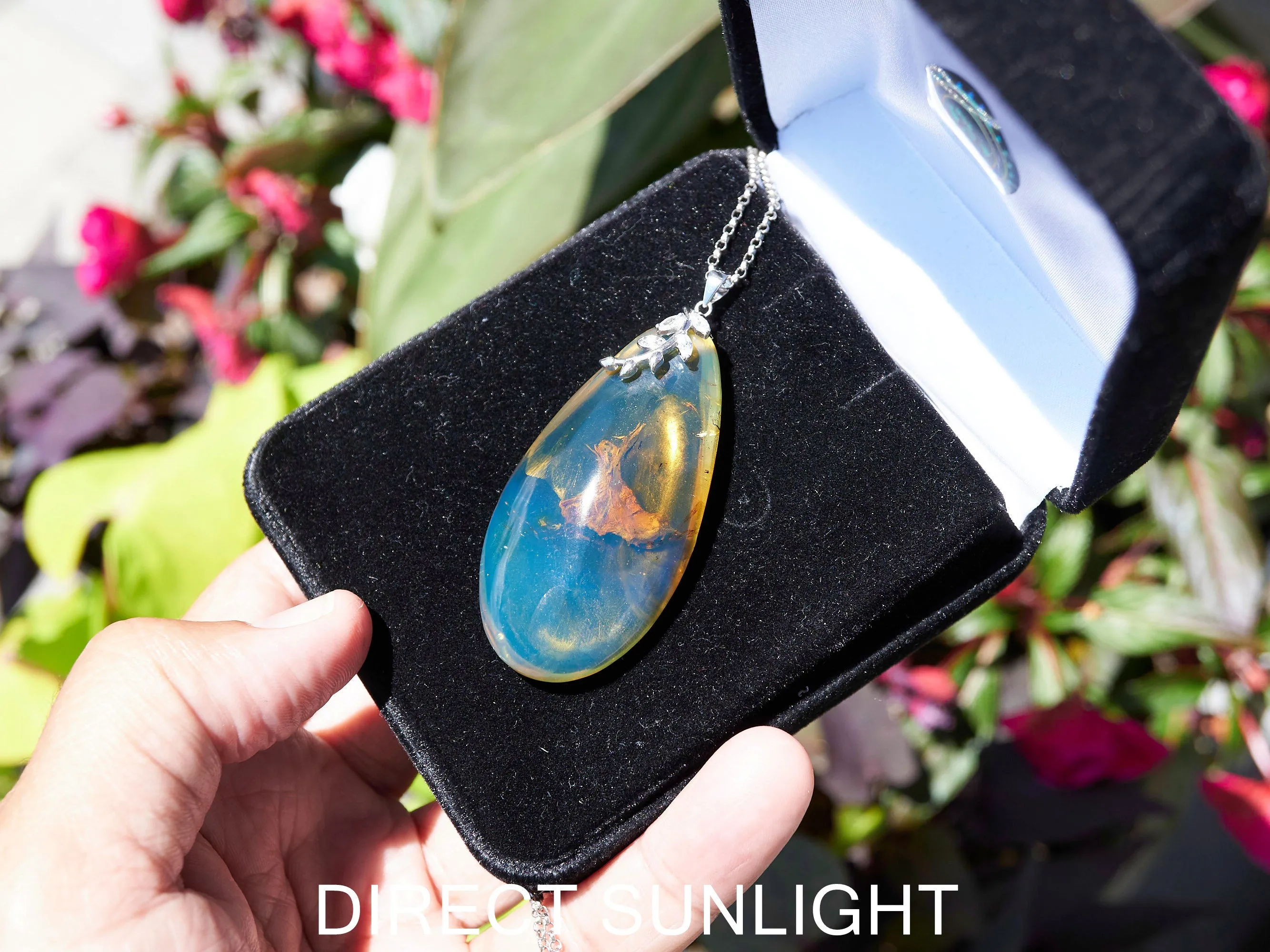 Blue Amber Cabochon Pendant – Genuine Vegetable Fossil in 925 Sterling Silver