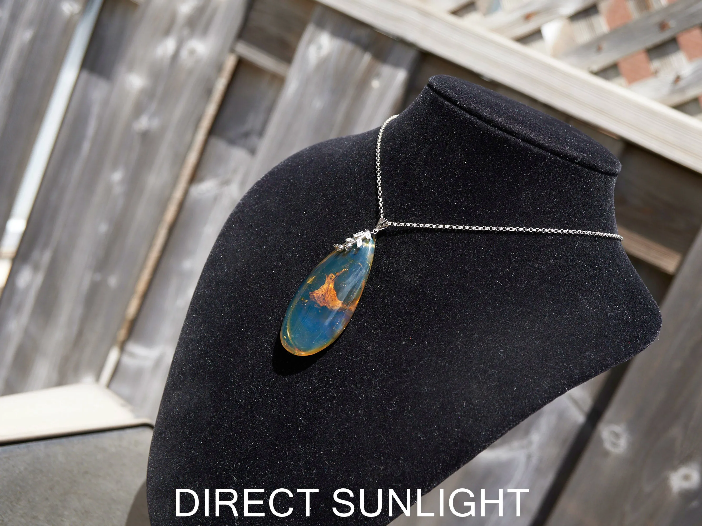 Blue Amber Cabochon Pendant – Genuine Vegetable Fossil in 925 Sterling Silver