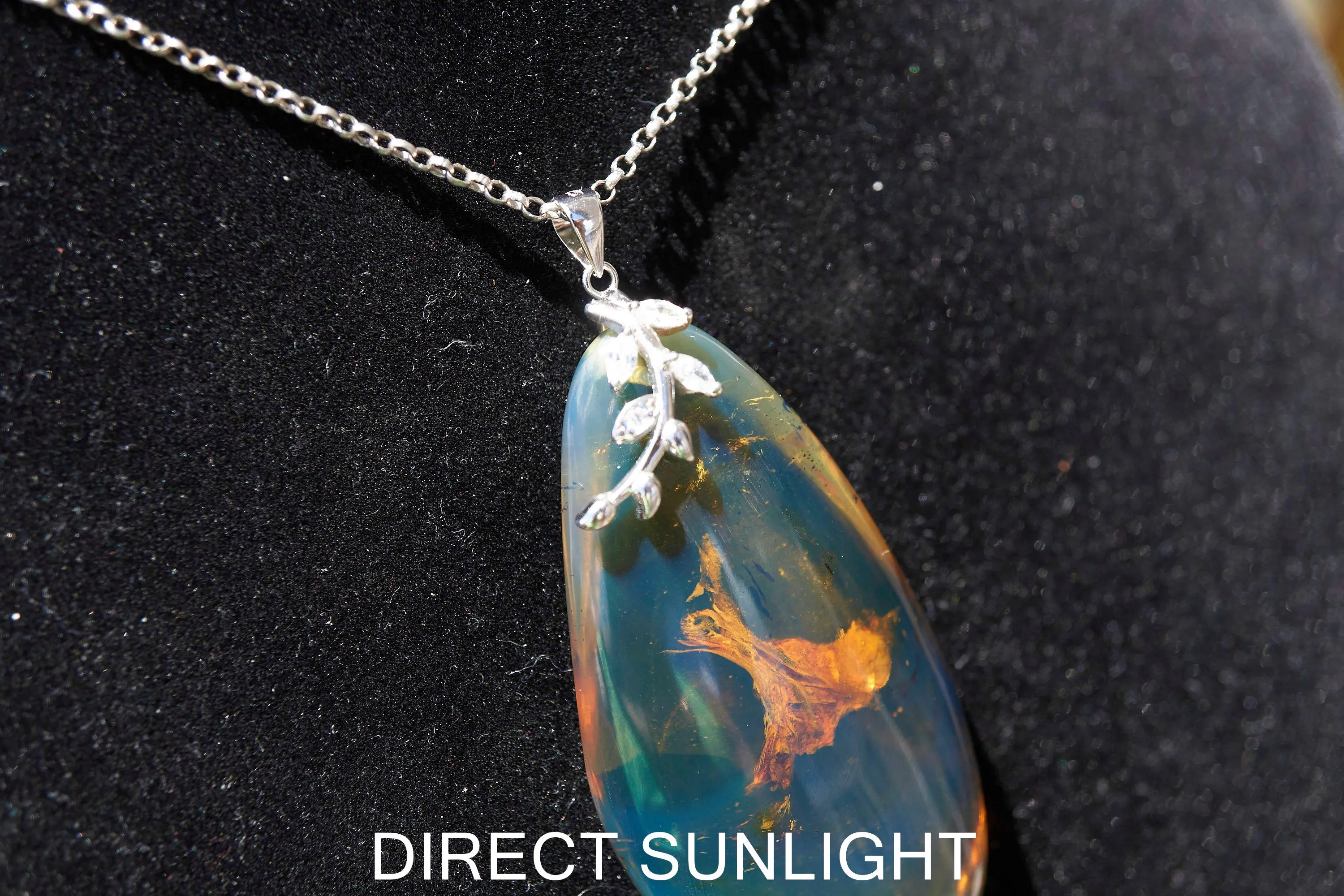 Blue Amber Cabochon Pendant – Genuine Vegetable Fossil in 925 Sterling Silver