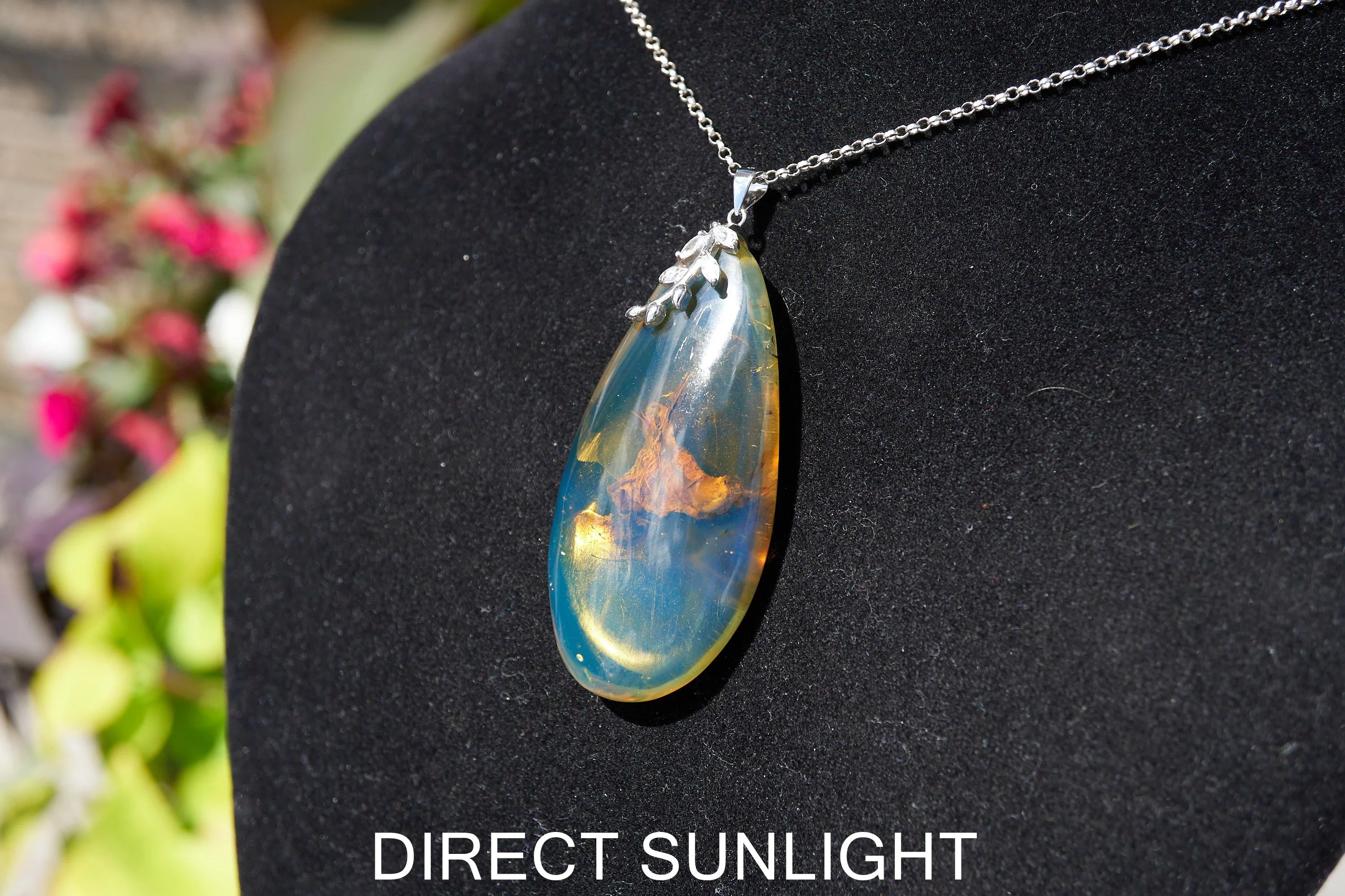 Blue Amber Cabochon Pendant – Genuine Vegetable Fossil in 925 Sterling Silver