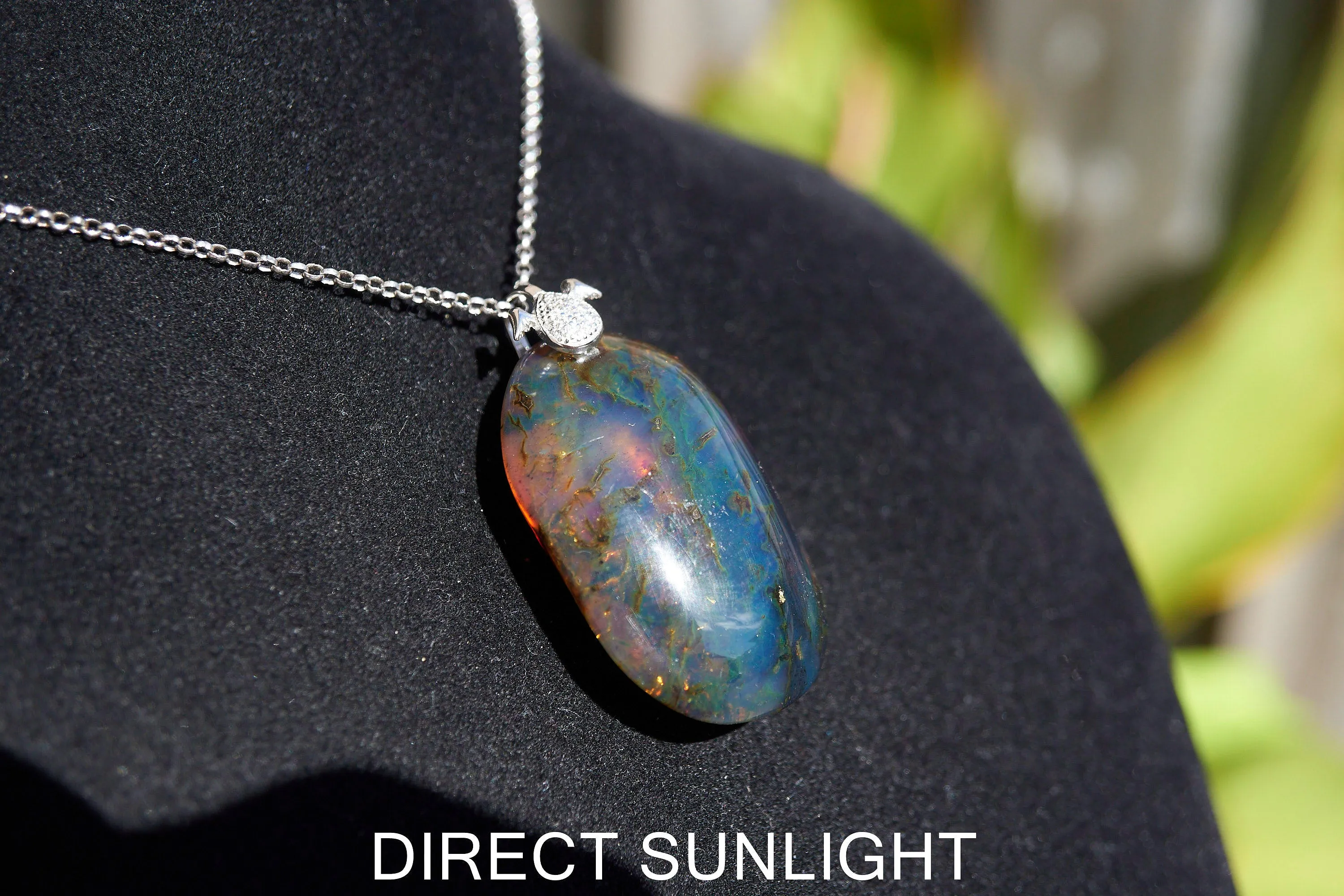 Blue Amber pendant Large Cabochon Blue Amber, 925 sterling Silver