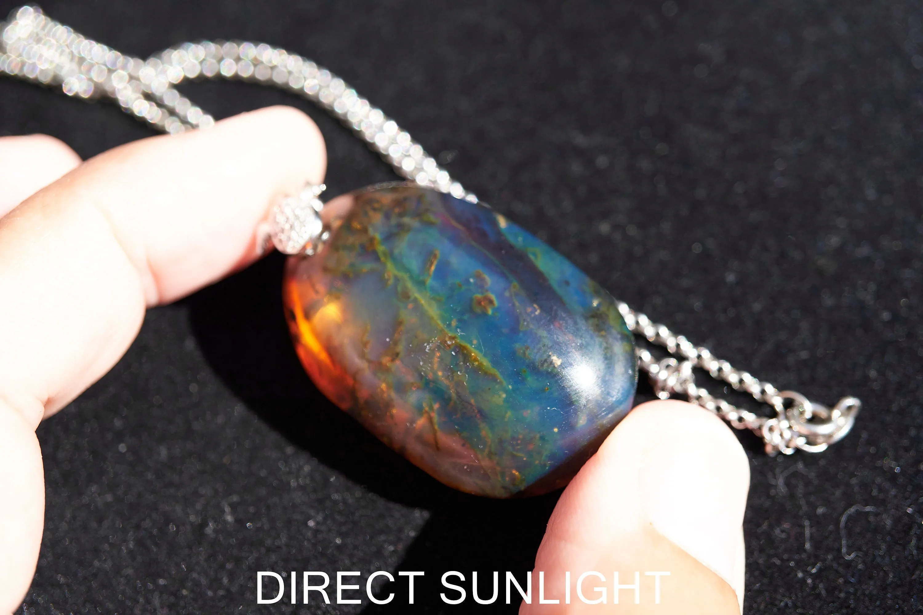Blue Amber pendant Large Cabochon Blue Amber, 925 sterling Silver