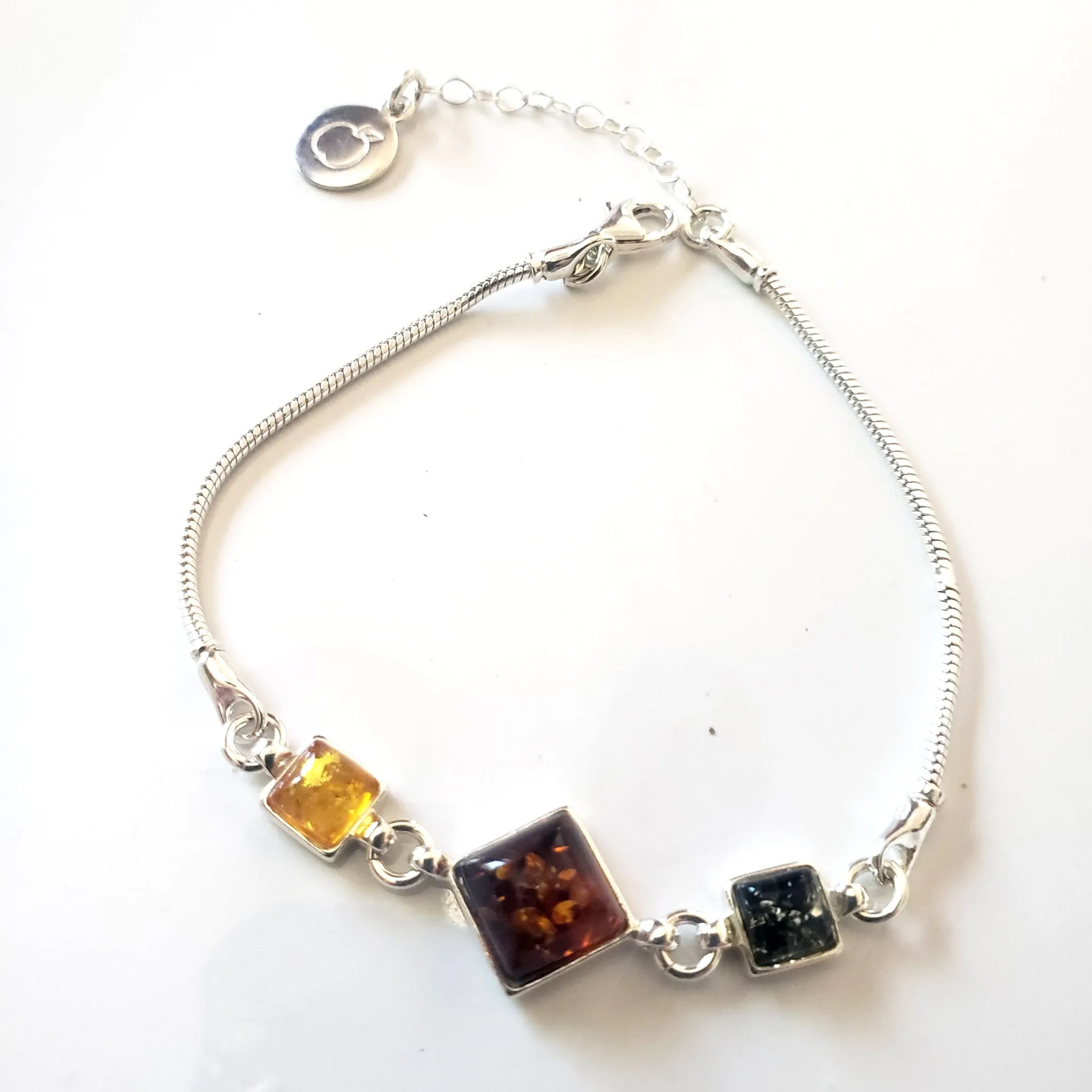 Chain Adjustable Silver Bracelet with Green & Honey Natural Amber