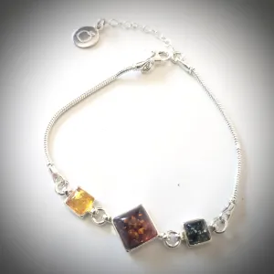 Chain Adjustable Silver Bracelet with Green & Honey Natural Amber