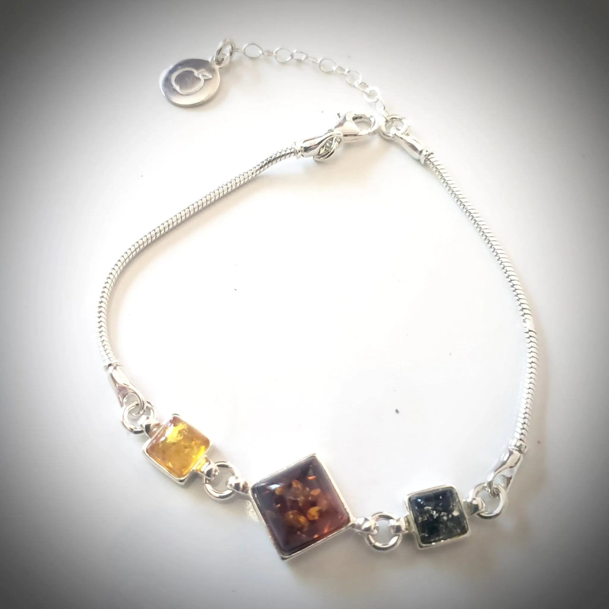 Chain Adjustable Silver Bracelet with Green & Honey Natural Amber