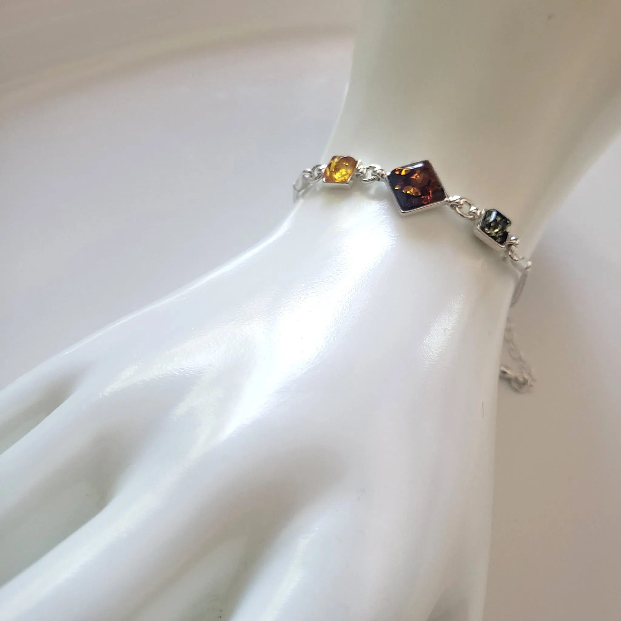 Chain Adjustable Silver Bracelet with Green & Honey Natural Amber